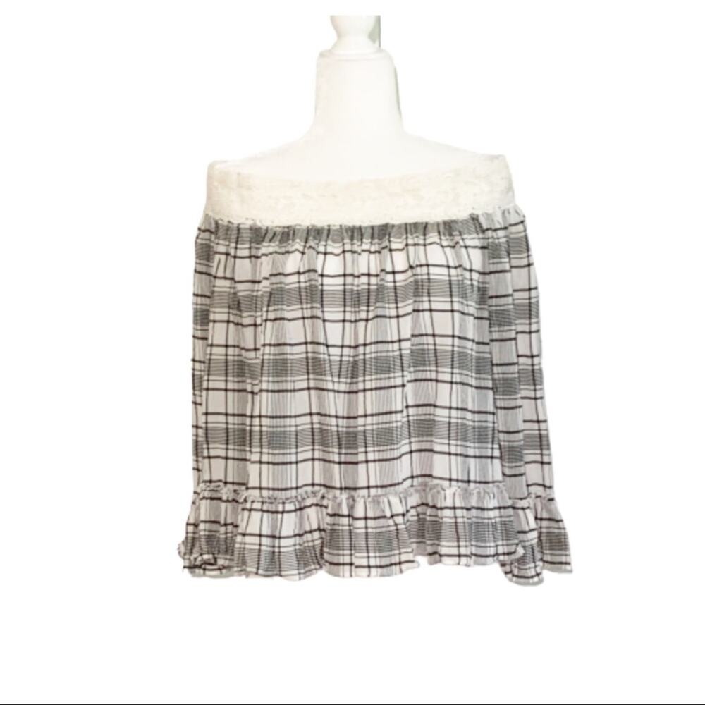 Ann Taylor LOFT Top Blouse Plaid Lace Off-The-Shoulder Top Blouse Size Medium